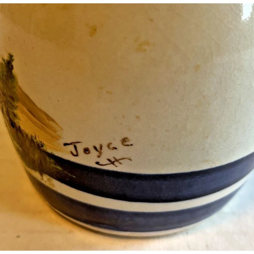 USA Pottery Hand Painted American Landscape Blue Stripe 4 3/4
